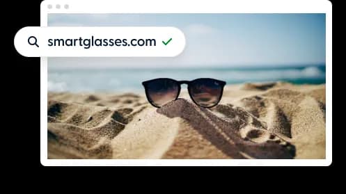 Domain search results for smartglasses.com, offering premium unregistered and marketplace domains for businesses and brands