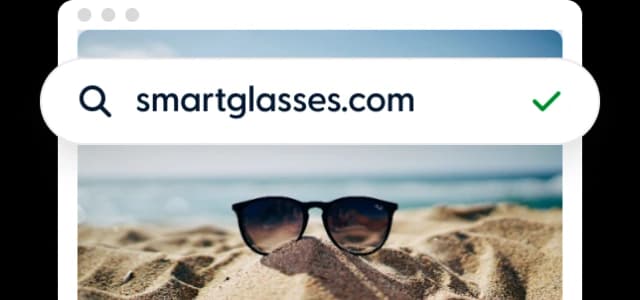 Domain search results for smartglasses.com, offering premium unregistered and marketplace domains for businesses and brands